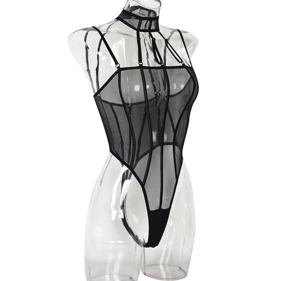 Black See-through Longline Bra Set Women Lingerie Set Black Mesh - Picture 10 of 11